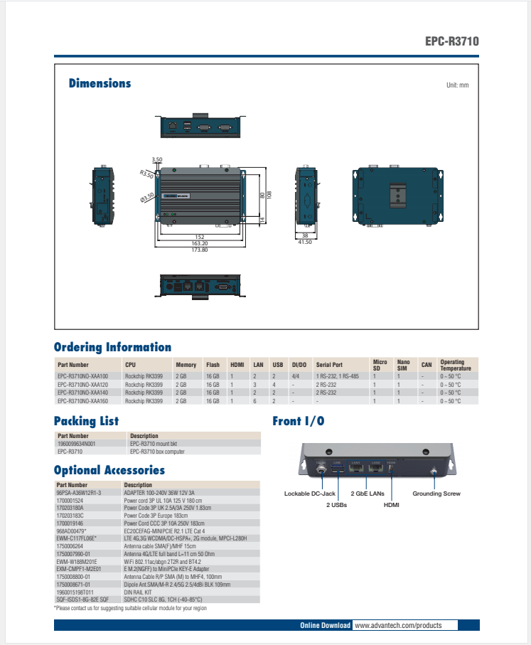 研華EPC-R3710 Rockchip RK3399 Cortex-A72 UIO40-Express Edge AI 工控整機， 4K display， 2xLan，