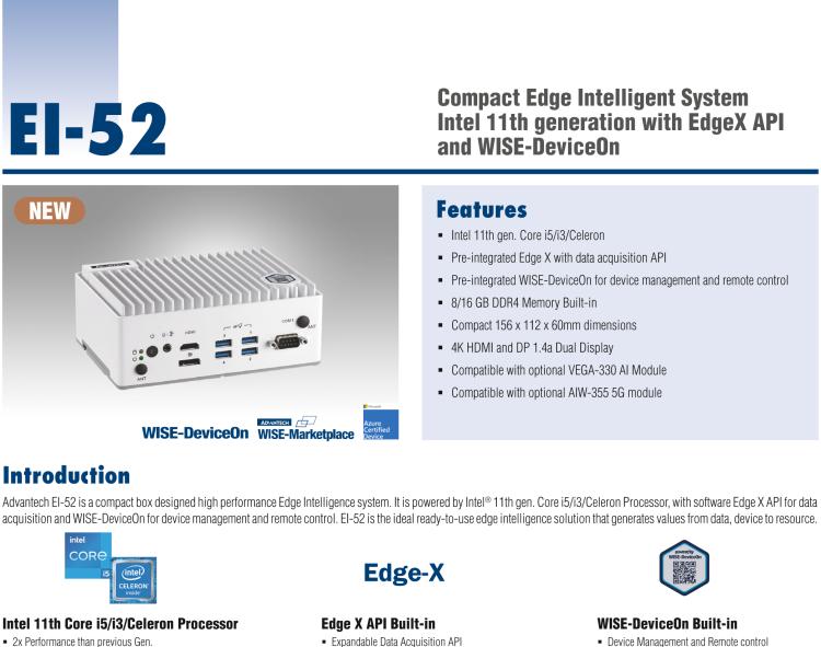 研華EI-52 研華EI-52，邊緣計算系統(tǒng)，支持 Intel 11th gen CPU，可選 Core i5 /i3 /Celeron 處理器，具備豐富擴展接口 2 x LAN，2 x COM，6 x USB等，內(nèi)部可以通過 miniPCIe 或 M.2 擴展AI加速卡實現(xiàn)工業(yè)AI機器視覺，搭載5G通訊模塊。