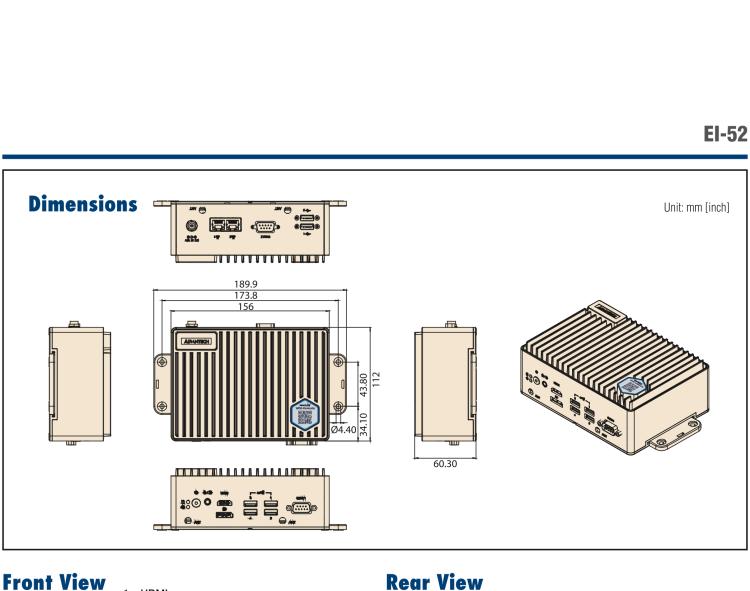 研華EI-52 研華EI-52，邊緣計算系統(tǒng)，支持 Intel 11th gen CPU，可選 Core i5 /i3 /Celeron 處理器，具備豐富擴展接口 2 x LAN，2 x COM，6 x USB等，內(nèi)部可以通過 miniPCIe 或 M.2 擴展AI加速卡實現(xiàn)工業(yè)AI機器視覺，搭載5G通訊模塊。
