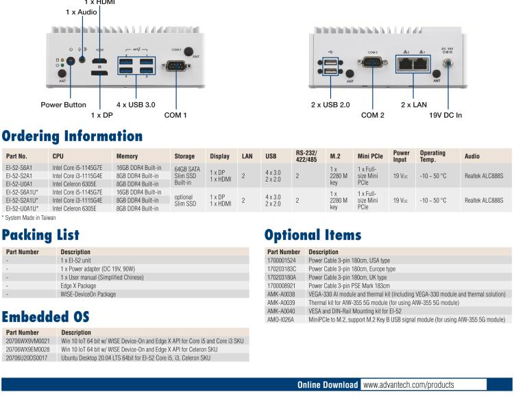 研華EI-52 研華EI-52，邊緣計算系統(tǒng)，支持 Intel 11th gen CPU，可選 Core i5 /i3 /Celeron 處理器，具備豐富擴展接口 2 x LAN，2 x COM，6 x USB等，內(nèi)部可以通過 miniPCIe 或 M.2 擴展AI加速卡實現(xiàn)工業(yè)AI機器視覺，搭載5G通訊模塊。