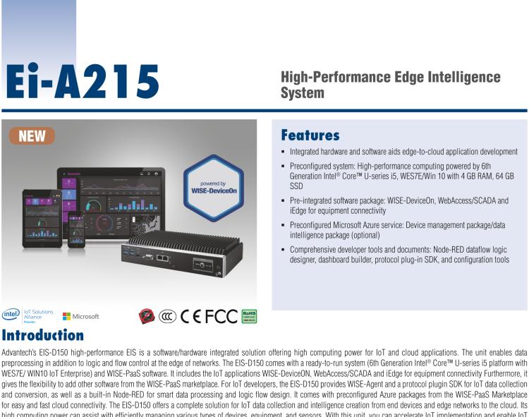研華EI-A215 研華EI-A215，邊緣性計(jì)算系統(tǒng)，搭載Intel Core i5 6300U 處理器，4 GB內(nèi)存，64 GB 存儲(chǔ)，高性能邊緣智能設(shè)備，具備豐富擴(kuò)展接口 2 x LAN，4 x COM，6 x USB等，同時(shí)還可以擴(kuò)展 iDoor 或 ARK-Plus 模組增加更多的擴(kuò)展接口，搭配 5G 模塊。