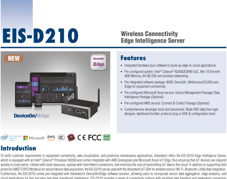 研華EIS-D210 研華EIS-D210，邊緣計(jì)算系統(tǒng)網(wǎng)關(guān)，Intel Celeron N3350 Dual Core SoC，最高支持 8 GB內(nèi)存，低功耗邊緣智能設(shè)備，具備豐富擴(kuò)展接口 2 x LAN，2 x COM，4 x USB，1 x VGA等，搭配 Wifi 或 4G 模塊，可以實(shí)現(xiàn)無(wú)線數(shù)據(jù)傳輸，體積非常小