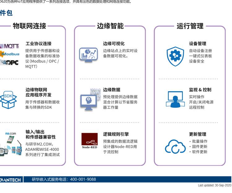 研華EIS-D620 研華EIS-D620，邊緣計算系統(tǒng)網(wǎng)關(guān)，基于Rockchip RK3399處理器，板載2GB內(nèi)存，16GB eMMC 存儲，低功耗邊緣智能設(shè)備，具備豐富擴展接口 2 x LAN，1 x COM，1 x USB，2 x HDMI等，體積非常小巧，適用于邊緣設(shè)備控制及數(shù)據(jù)采集等應(yīng)用場景。