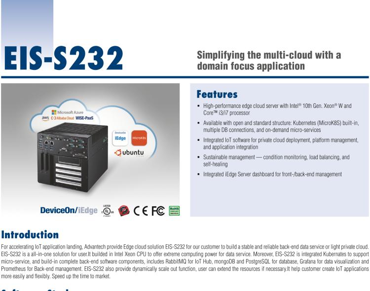 研華EIS-S232 研華 EIS-S232，邊緣計算系統(tǒng)服務器，支持Intel 第十代處理器，可選i3/i5/i7 Xeon CPU，DDR4 最高32GB，最多可支持4 x 2.5寸硬盤，具備豐富擴展接口 2 x LAN，6 x COM，8 x USB，1 x PCIE，2 x PCI。產(chǎn)品生命周期長，穩(wěn)定可靠。