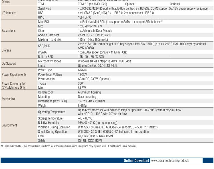 研華EIS-S232 研華 EIS-S232，邊緣計算系統(tǒng)服務器，支持Intel 第十代處理器，可選i3/i5/i7 Xeon CPU，DDR4 最高32GB，最多可支持4 x 2.5寸硬盤，具備豐富擴展接口 2 x LAN，6 x COM，8 x USB，1 x PCIE，2 x PCI。產(chǎn)品生命周期長，穩(wěn)定可靠。