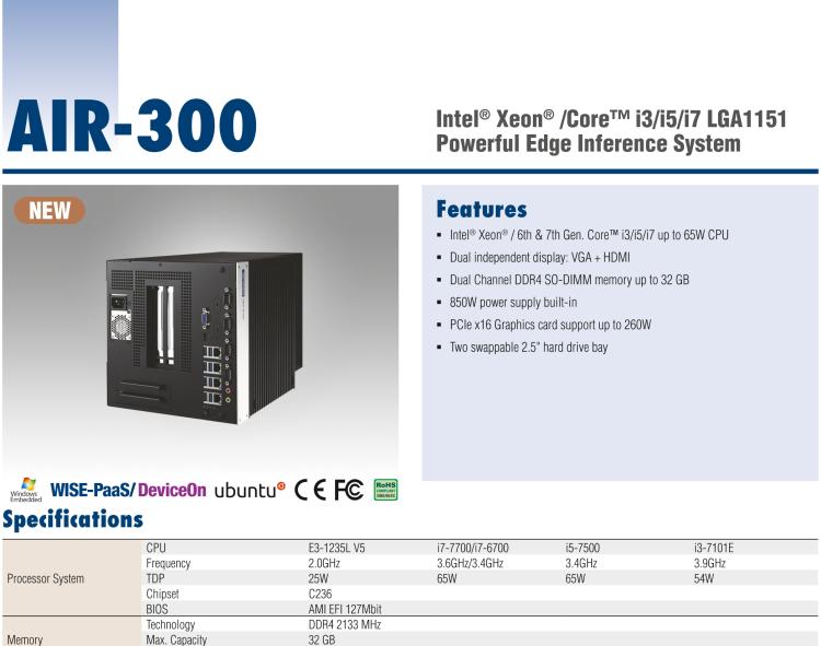 研華AIR-300 支持Intel Xeon / 6/7代Core?i3/i5/i7處理器，AI計(jì)算平臺(tái)，可擴(kuò)展 PCIe x16 GPU全尺寸卡