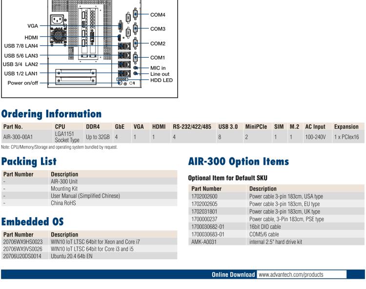 研華AIR-300 支持Intel Xeon / 6/7代Core?i3/i5/i7處理器，AI計(jì)算平臺(tái)，可擴(kuò)展 PCIe x16 GPU全尺寸卡