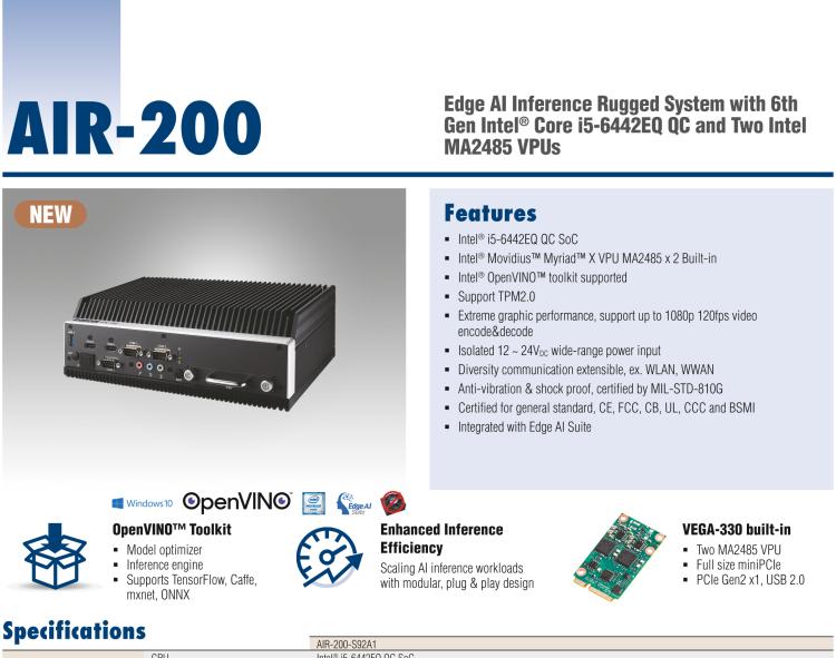 研華AIR-200 基于Intel Core i5-6442EQ處理器，AI計(jì)算平臺(tái)，內(nèi)置Myriad X VPU * 2
