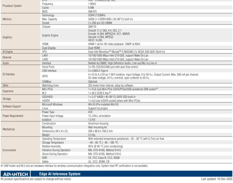 研華AIR-200 基于Intel Core i5-6442EQ處理器，AI計(jì)算平臺(tái)，內(nèi)置Myriad X VPU * 2