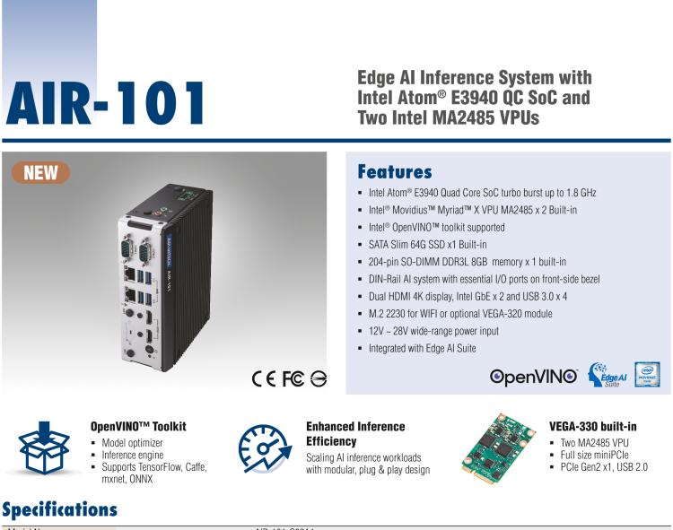 研華AIR-101 基于Intel Atom E3940處理器，AI計算平臺，內置Myriad X VPU * 2