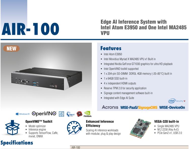 研華AIR-100 基于Intel Atom E3950處理器，AI計算平臺，內(nèi)置Myriad X VPU * 1
