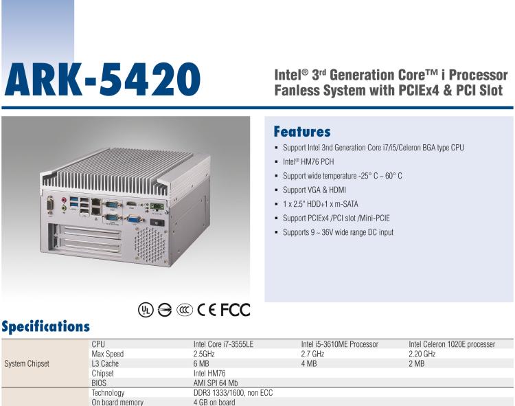 研華ARK-5420 Intel? 第三代 Core? i 處理器無風(fēng)扇嵌入式工控機，支持 PCIEx4 & PCI