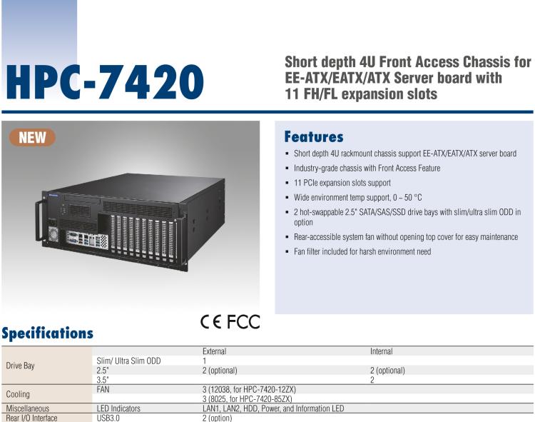 研華HPC-7420 用于EE-ATX/EATX/ATX主板的4U 短深度服務(wù)器機(jī)箱，帶有11個(gè)FH/FL擴(kuò)展插槽