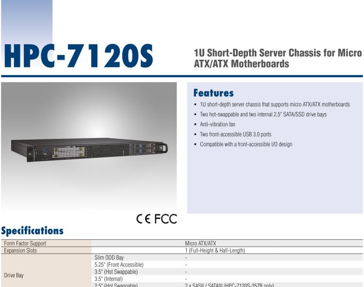 研華HPC-7120S 1U 上架式服務器短機箱，適用Micro ATX/ATX 服務器主板，支持1*全高/半長PCIe x16擴展插槽