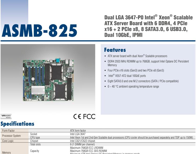 研華ASMB-825 雙路LGA 3647-P0 Intel? Xeon? Scalable ATX 服務(wù)器主板，帶6 個(gè)DDR4, 4 PCIe x16 和 2 個(gè) PCIe x8, 8 個(gè)SATA3, 6 個(gè)USB3.0, Dual 10GbE, IPMI