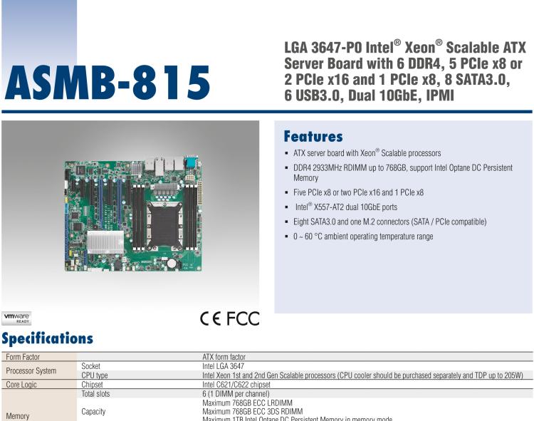 研華ASMB-815 單路LGA 3647-P0 Intel? Xeon? Scalable ATX 服務(wù)器主板，帶 6 個(gè)DDR4, 5 個(gè)PCIe x8 或者 2 個(gè)PCIe x16 和 1個(gè) PCIe x8, 8 個(gè)SATA3, 6 個(gè)USB3.0, Dual 10GbE, IPMI