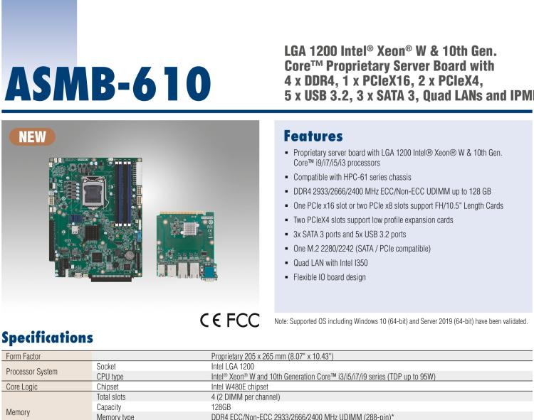 研華ASMB-610 LGA 1200 Intel? Xeon? W & 第十代 Core?專用服務(wù)器主板，帶4 x DDR4, 1 x PCIeX16, 2 x PCIeX4, 5 x USB 3.2, 3 x SATA 3, Quad LANs and和 IPMI