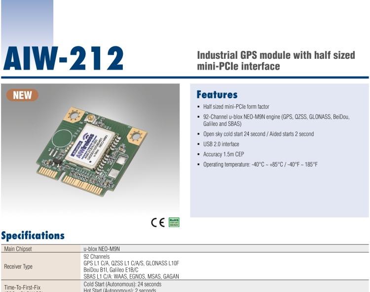 研華AIW-212 工業(yè)級 GNSS（GPS、GLONASS、BeiDou、Galileo、QZSS和SBAS）模塊，半尺寸 mini-PCIe 規(guī)格。