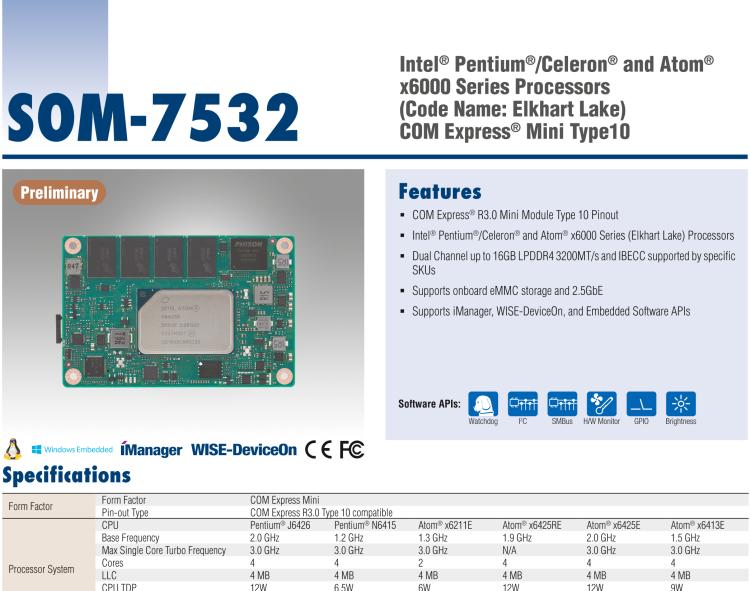 研華SOM-7532 Intel Pentium/Celeron 和 Atom x6000 系列 (Elkhart Lake) 處理器， COM Express Mini Type 10 模塊