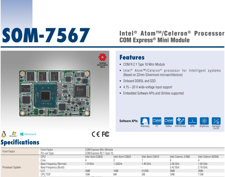 研華SOM-7567 Intel? Atom?/Celeron? 處理器，COM-Express Mini 模塊