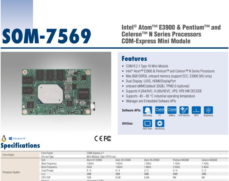 研華SOM-7569 Intel? Atom? E3900 & Pentium? 和 Celeron? N 系列處理器，COM-Express Mini 模塊