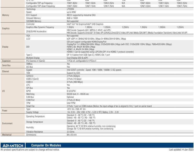 研華SOM-7583 第十一代 Intel? Core U系列處理器，COM Express Mini Type 10 模塊