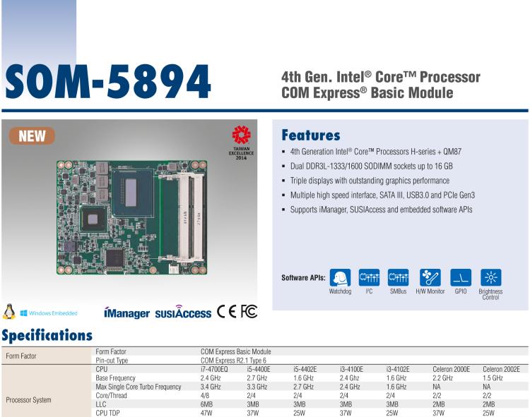 研華SOM-5894 第三代 Intel? Core?處理器， COM Express? Basic 模塊