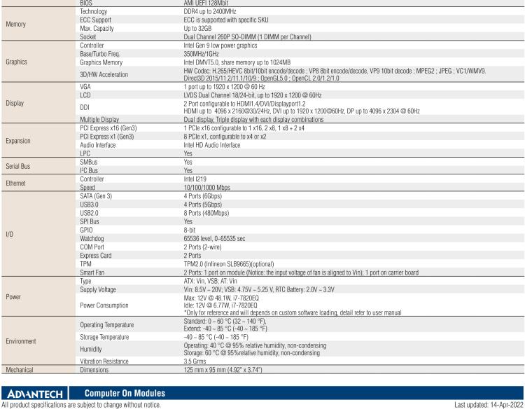 研華SOM-5898 第七代Intel Core/Celeron處理器，COM Express Basic Type 6模塊