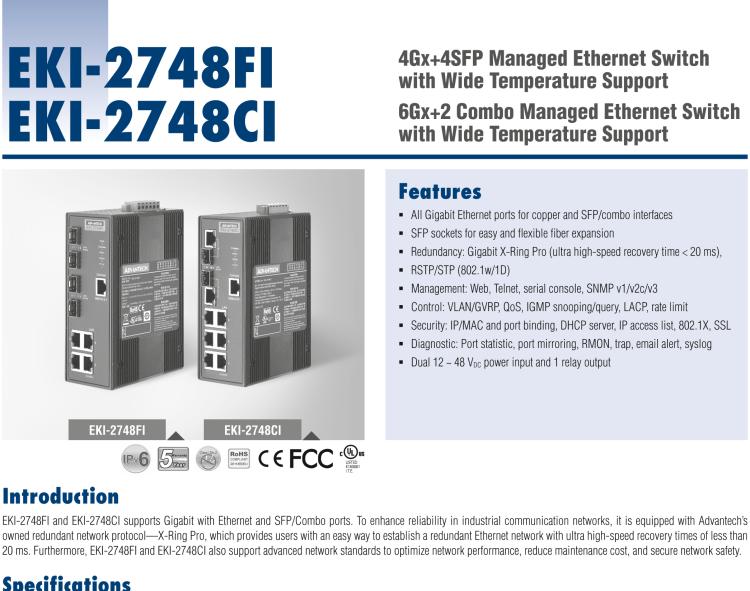 研華EKI-2748FI 4G+4G SFP 端口寬溫網管型工業(yè)以太網交換機
