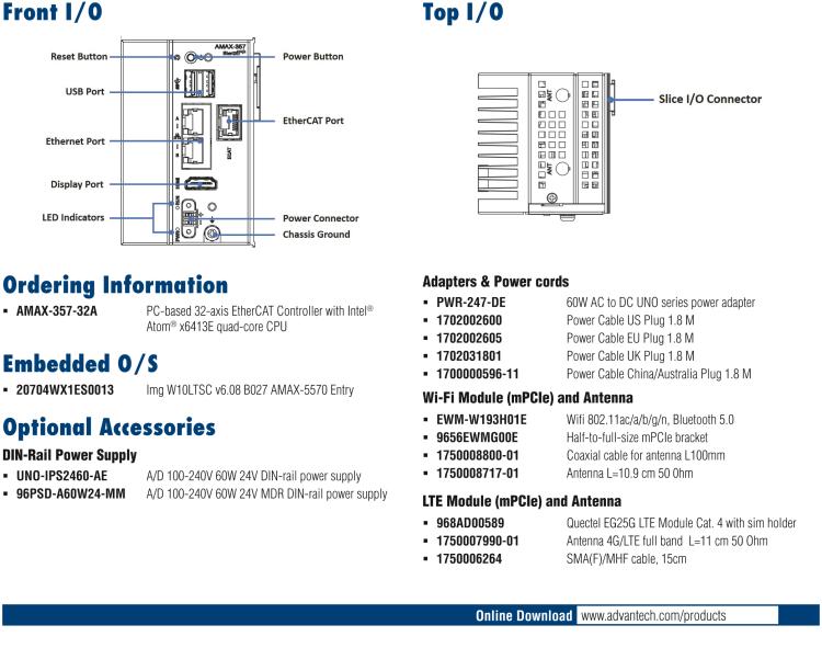 研華AMAX-357 超微型EtherCAT運(yùn)動(dòng)控制器，基于PC架構(gòu)開發(fā)，配置了Intel Atom處理器，具有64GB eMMC、2 x LAN、2 x USB和Slice IO擴(kuò)展