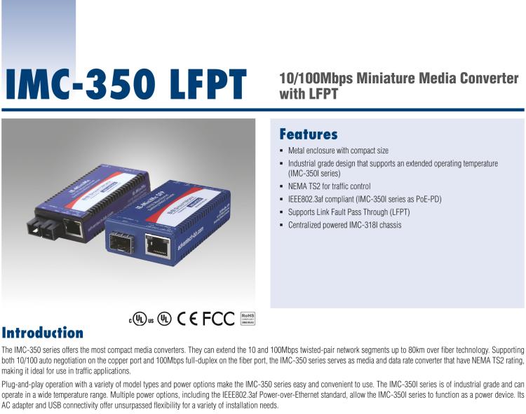 研華IMC-350-SFP-PS-A 緊湊型光電轉(zhuǎn)換器，100Base-TX/FX，SFP，AC適配器（也被稱為BB-855-10619）