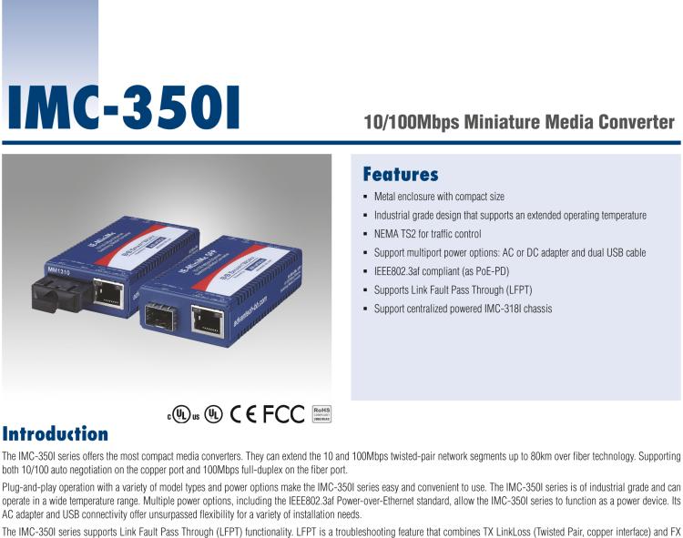 研華IMC-350I-MM-A 緊湊型光電轉(zhuǎn)換器，支持寬溫，100Base-TX/FX，多模1300nm，LFPT，5km，SC type