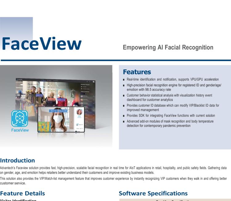 研華FaceView 研華 DeviceOn.FaceView是基于研華 IoT 設(shè)備的人臉識(shí)別軟件，支持性別、年齡、情感的數(shù)據(jù)收集，支持VPU/GPU加速。FaceView軟件在最新版本中正確識(shí)別率提升到了99.7%，可以支持遮擋檢測(cè)，也就是是否正確佩戴口罩，再搭配專業(yè)測(cè)溫?cái)z像頭情況下，可以實(shí)現(xiàn)測(cè)量體溫。