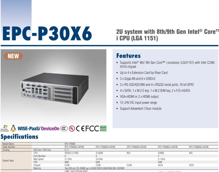研華EPC-P3086 適配Intel? 第8/9代 Core i 系列處理器，搭載H310芯片組。2U高度，支持全長PCIe x16擴(kuò)展卡。接口豐富，性能強(qiáng)勁。