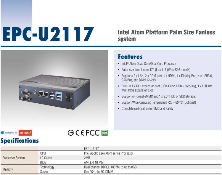 研華EPC-U2117 Intel Atom第六代Apollo Lake無(wú)風(fēng)扇嵌入式工控機(jī)，板載eMMC，CANBUS