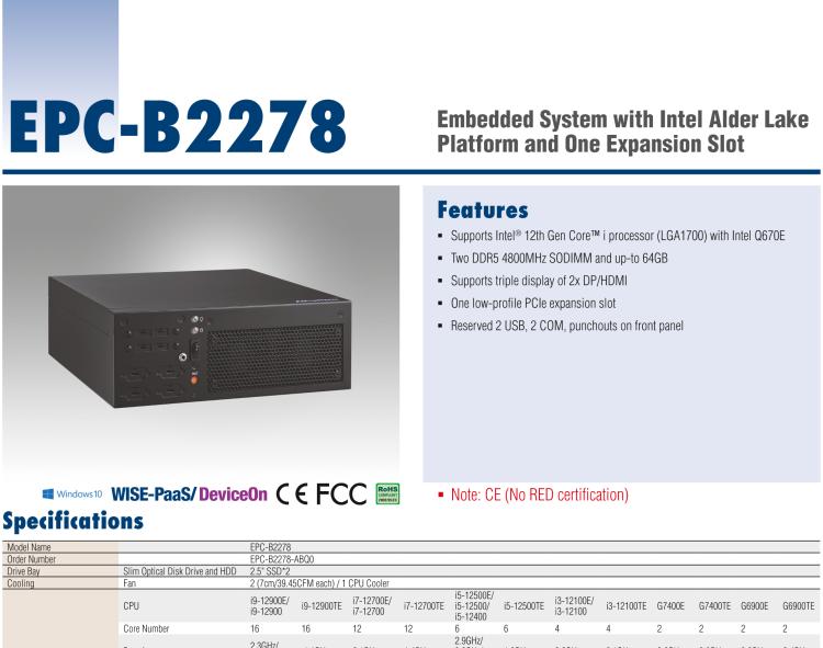 研華EPC-B2278 適配Intel 第12代 Core i 系列處理器，搭載Q670E芯片組。2U高度，精簡尺寸，性能強(qiáng)勁，是小尺寸高性能場景的理想解決方案。