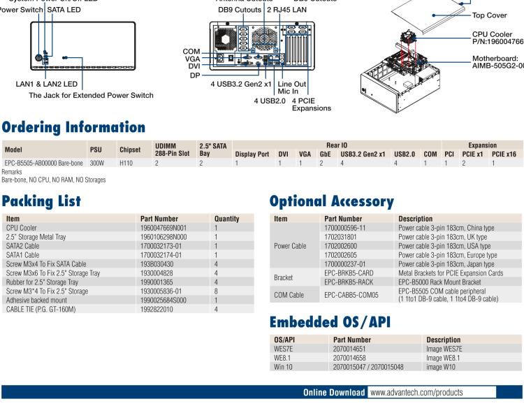 研華EPC-B5505 適配Intel? 第6/7代 Core ? i/Xeon E3系列處理器，搭載H110芯片組。標(biāo)準(zhǔn)4U上架，廣泛適用于各種行業(yè)。