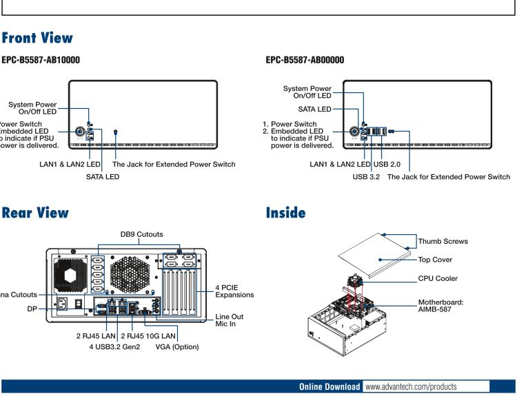 研華EPC-B5587 適配Intel? 第10代 Core i / Xeon W系列處理器，搭載W480E芯片組。標(biāo)準(zhǔn)4U上架，工業(yè)級品質(zhì)，穩(wěn)定可靠。廣泛適用于高端AI服務(wù)器等應(yīng)用。