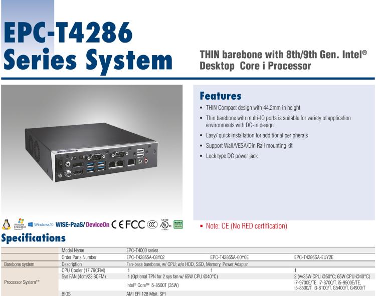 研華EPC-T4286 適配Intel? 第8/9代 Core? i 系列處理器，搭載H310芯片組。1U超薄高度，性能強(qiáng)勁。
