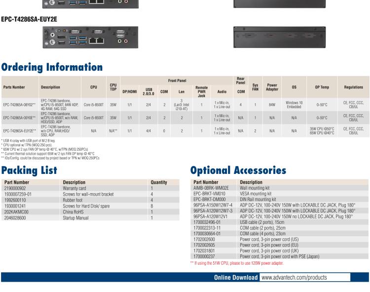 研華EPC-T4286 適配Intel? 第8/9代 Core? i 系列處理器，搭載H310芯片組。1U超薄高度，性能強(qiáng)勁。