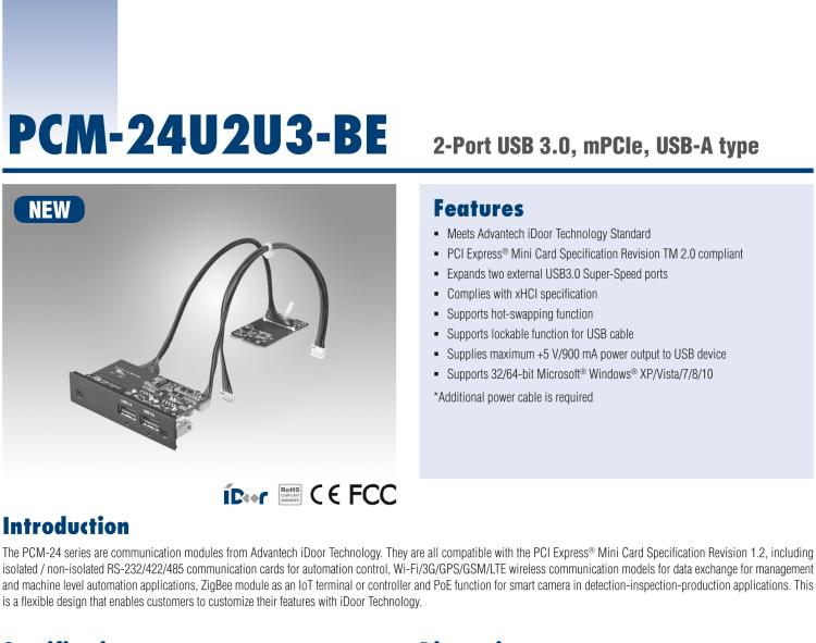 研華PCM-24U2U3 2端口USB 3.0，mPCIe，USB-A型
