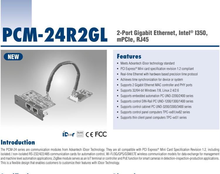 研華PCM-24R2GL 2端口千兆以太網(wǎng)，mPCIe，RJ45