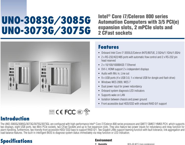 研華UNO-3073G Intel Celeron 847E嵌入式無風(fēng)扇工業(yè)電腦，帶3個(gè) PCI(e)擴(kuò)展槽，2個(gè)Mini PCIe插槽，2個(gè)CFast 插槽