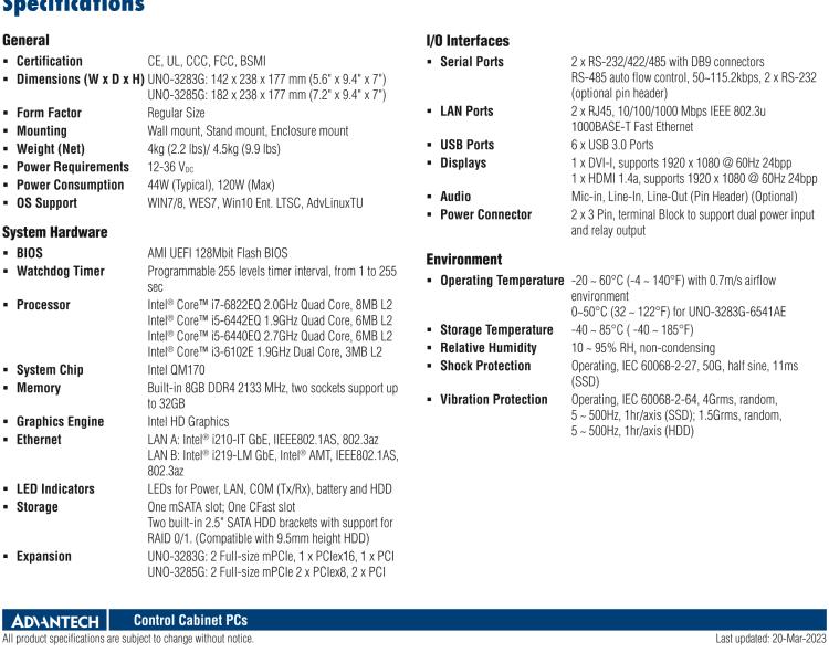 研華UNO-3283G 高效能嵌入式無風(fēng)扇工業(yè)電腦，搭配Intel? Core? i 處理器，2×GbE, 2×mPCIe, HDMI, DVI-I