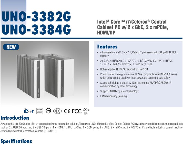 研華UNO-3384G Intel? Core? i7/Celeron控制柜PC，2 x GbE, 2 x mPCIe, HDMI/DP