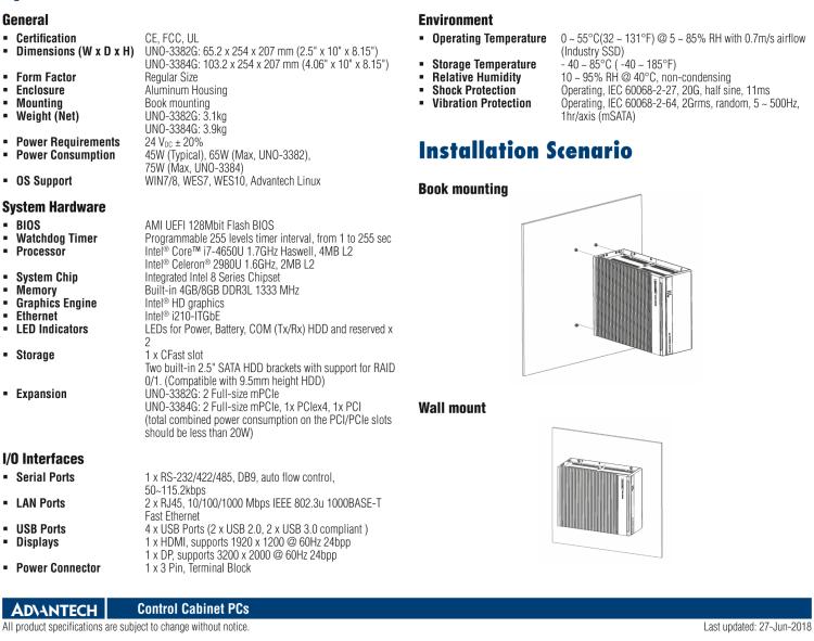 研華UNO-3384G Intel? Core? i7/Celeron控制柜PC，2 x GbE, 2 x mPCIe, HDMI/DP