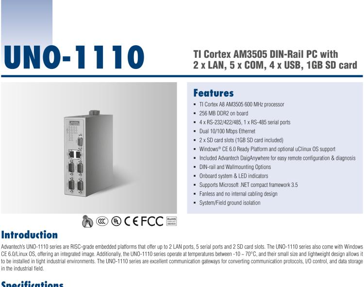 研華UNO-1110 導(dǎo)軌安裝型工業(yè)控制器，搭配TI Coretex AM3505 處理器，2×LAN，5×COM，4×USB，1 GB SD卡