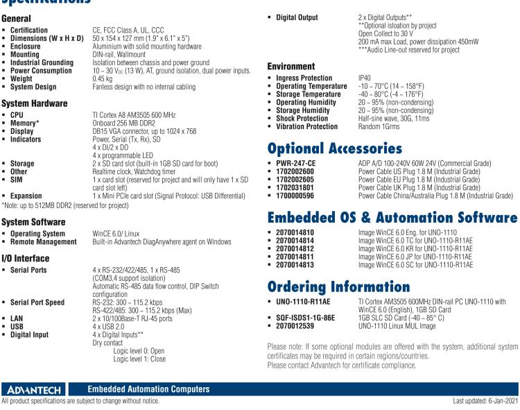 研華UNO-1110 導(dǎo)軌安裝型工業(yè)控制器，搭配TI Coretex AM3505 處理器，2×LAN，5×COM，4×USB，1 GB SD卡