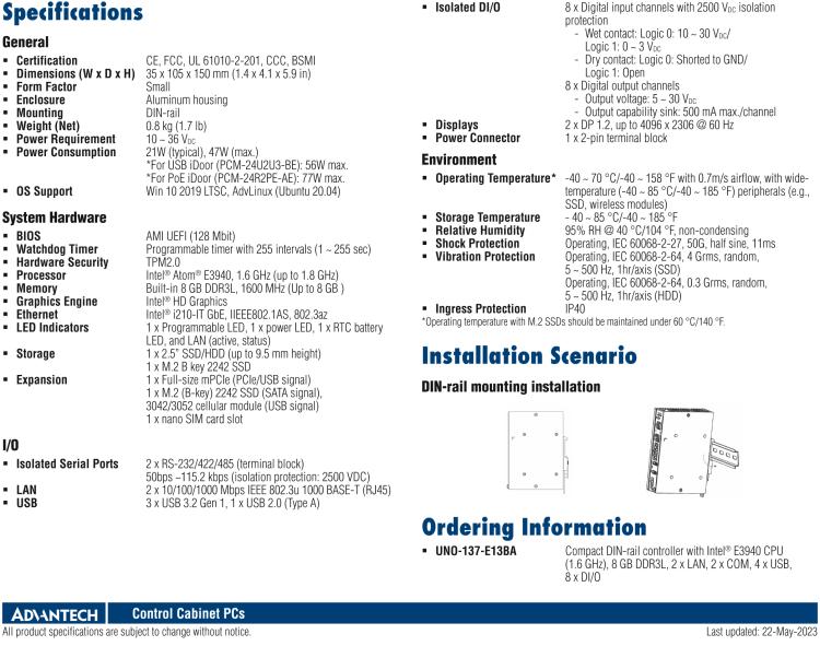 研華UNO-137 DIN導(dǎo)軌控制器，配備Intel?Atom?E3940 CPU、2個LAN、2個COM、3個USB 3.0、1個USB 2.0、2個DP 1.2、8個DI、8個DO、1個M.2、1個mPCIe、TPM 2.0