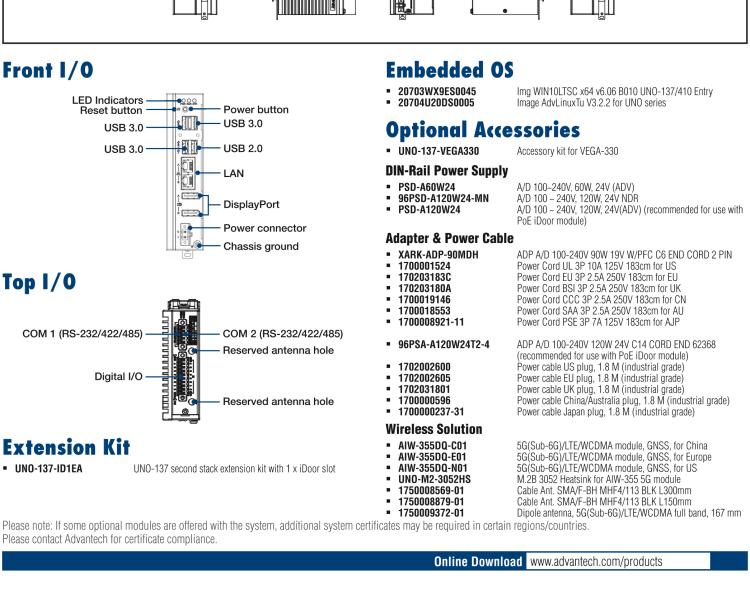 研華UNO-137 DIN導(dǎo)軌控制器，配備Intel?Atom?E3940 CPU、2個LAN、2個COM、3個USB 3.0、1個USB 2.0、2個DP 1.2、8個DI、8個DO、1個M.2、1個mPCIe、TPM 2.0